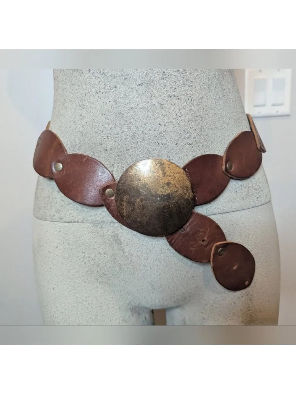 Vintage Leather disk rivet belt with brass metal buckle boho western 39.5